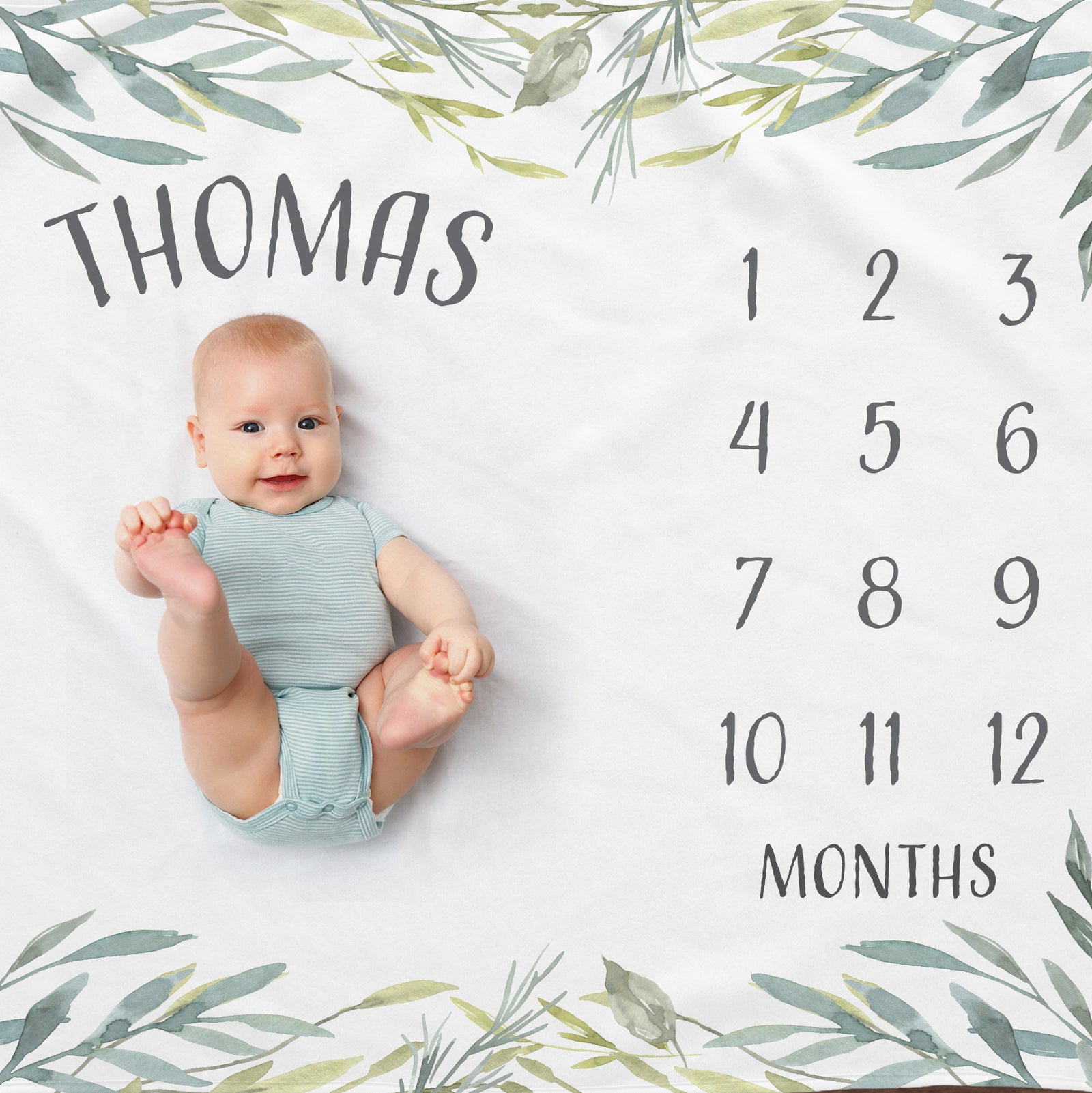 Leaf Frame Gender Neutral Personalized Milestone Blanket, Greenery