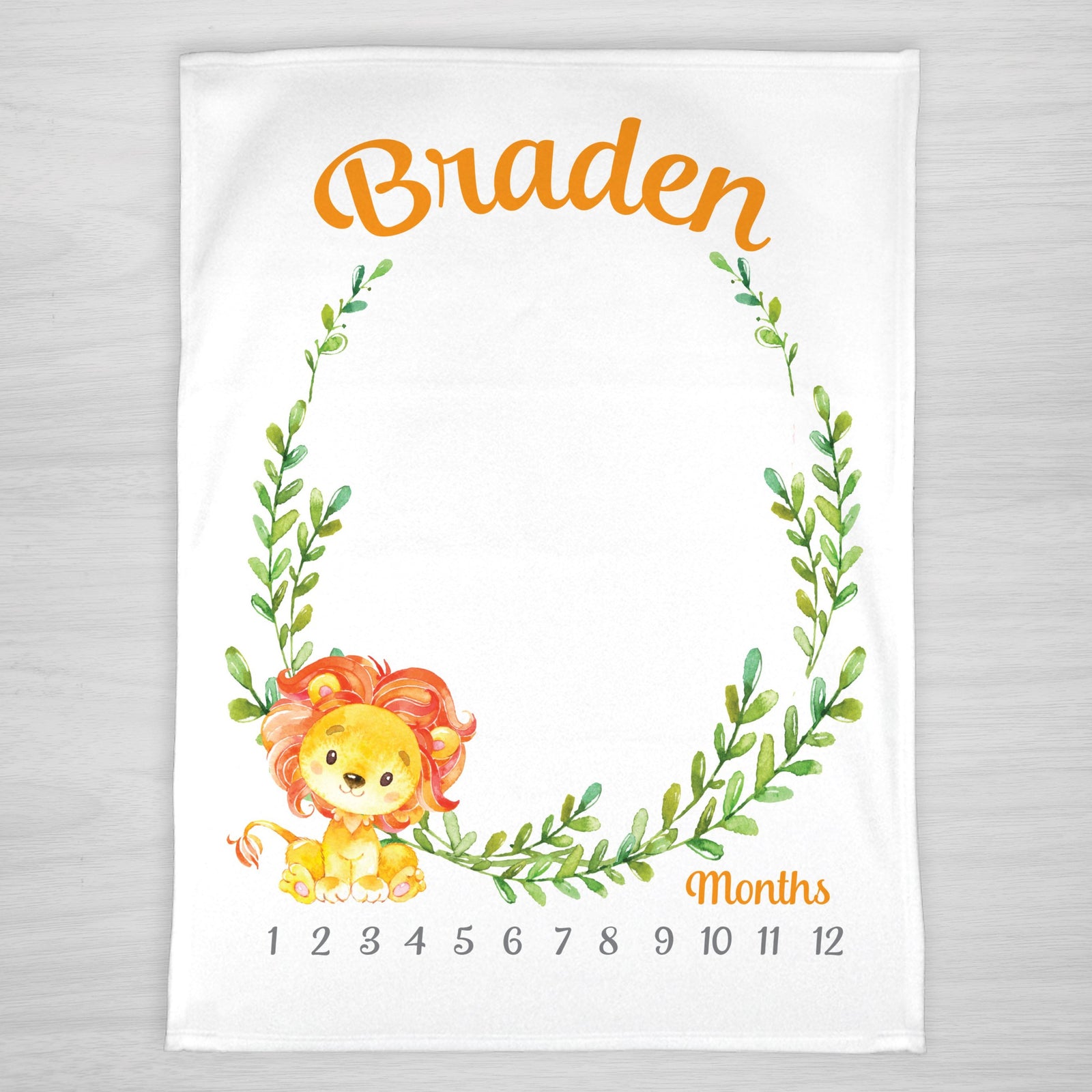Lion Milestone Baby Blanket, Cute lion on a green wreath personalized with baby's name