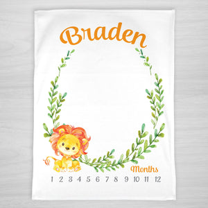 Lion Milestone Baby Blanket, Cute lion on a green wreath personalized with baby's name