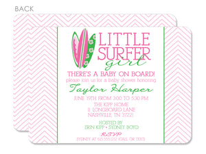 Baby Shower Invitation, Little Surfer Girl with surfboards and chevron, pink and kelly green, Pipsy.com, ultra heavy cardstock invitations with envelopes