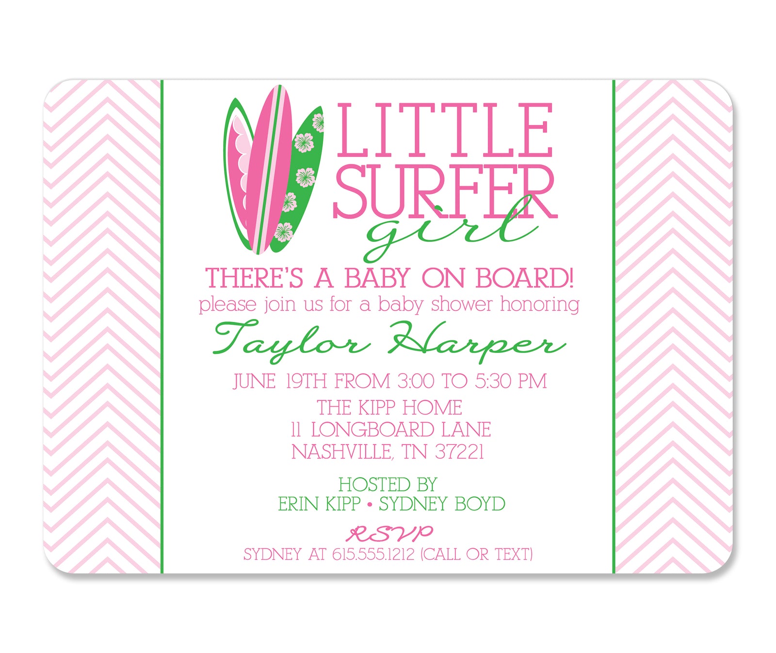Baby Shower Invitation, Little Surfer Girl with surfboards and chevron, pink and kelly green, Pipsy.com, ultra heavy cardstock invitations with envelopes