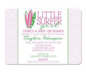 Baby Shower Invitation, Little Surfer Girl with surfboards and chevron, pink and kelly green, Pipsy.com, ultra heavy cardstock invitations with envelopes, front view