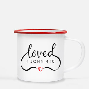 White enamel 12 oz metal camp mug with red lip | 1 John 4:10 "Loved" in flowing script | Valentine's Day gift