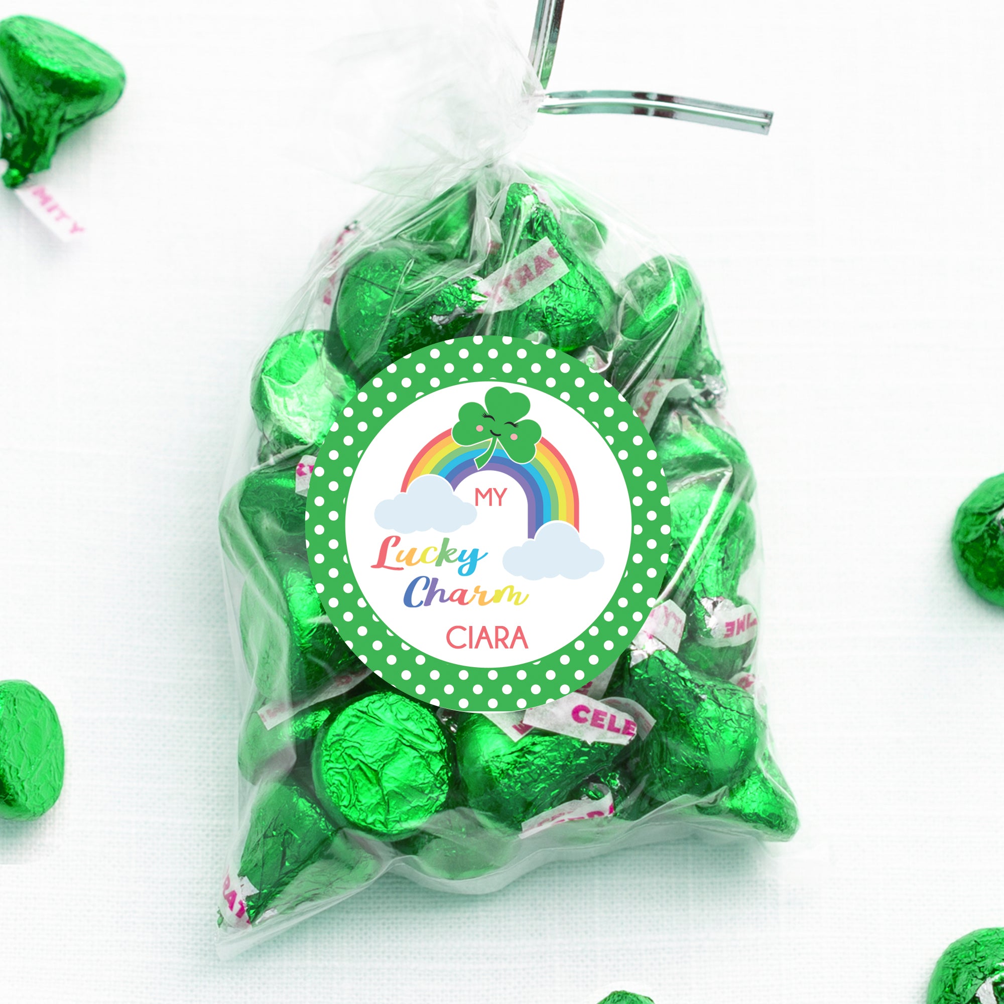 My Lucky Charm, Rainbows and Shamrocks, Personalized Happy St. Patrick's Day class treat bag sticker, round matte stickers, 2.5", Pipsy.com