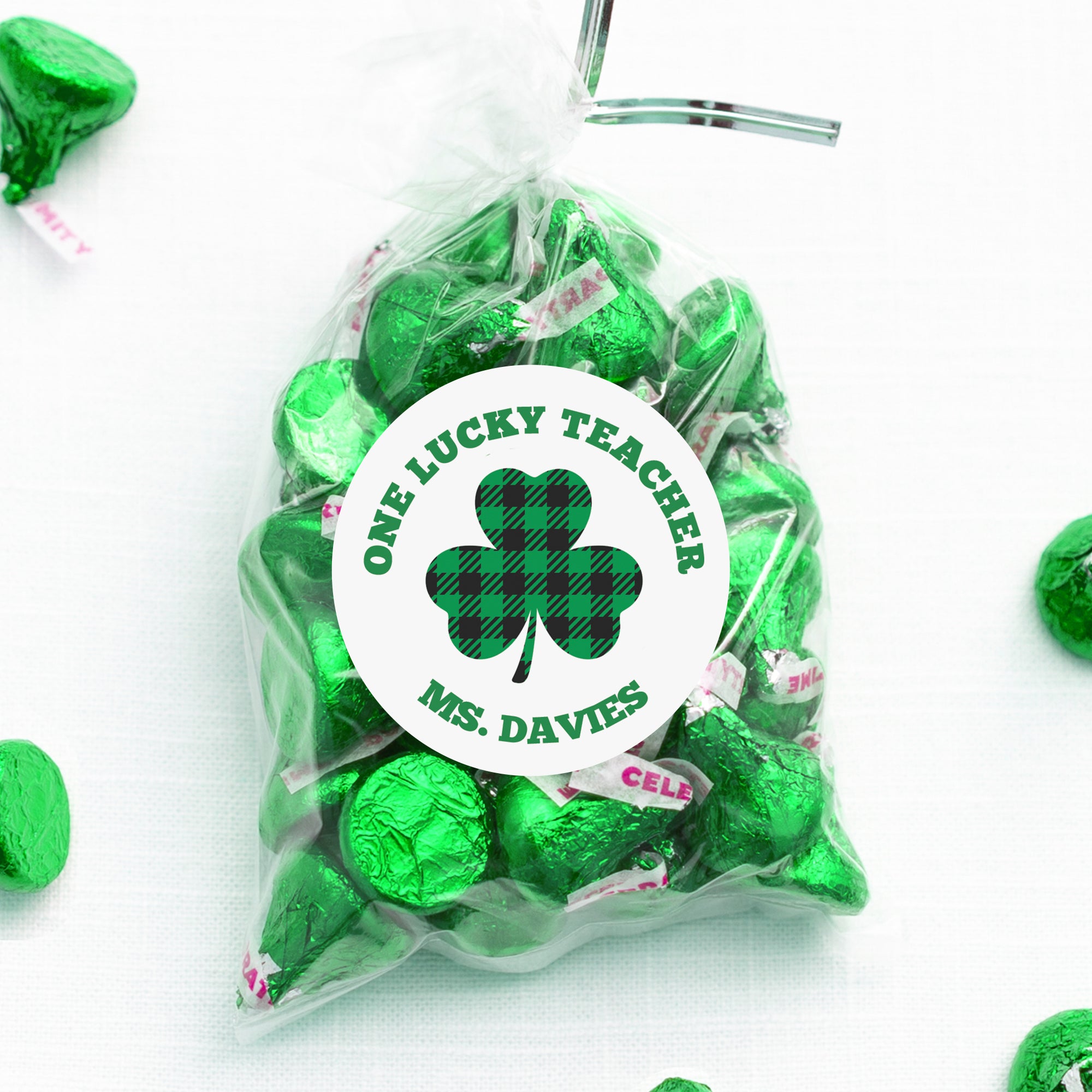 Teachers, show your kids how lucky you are!  Plaid clover, Personalized Happy St. Patrick's Day class treat bag sticker, round matte stickers, 2.5", Pipsy.com