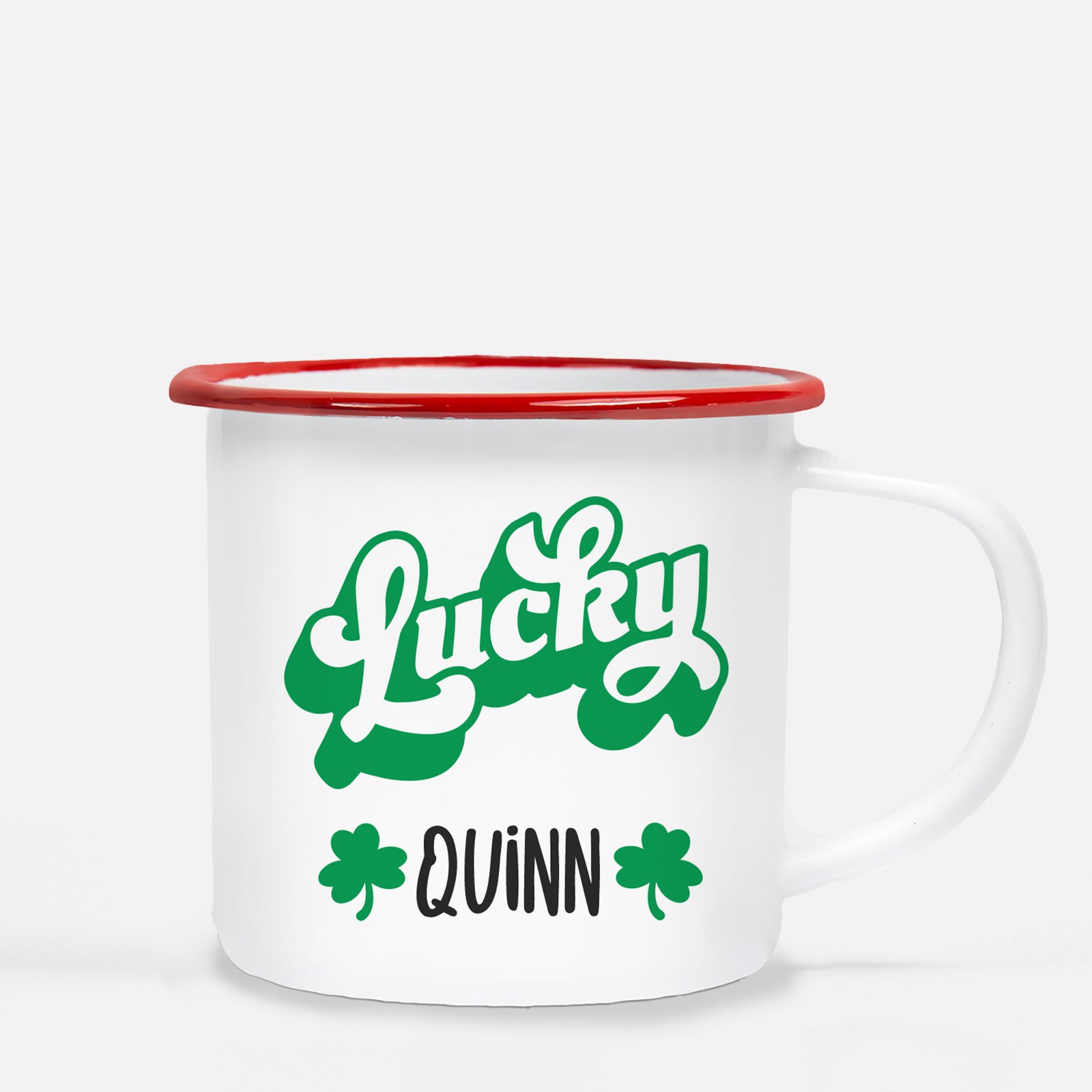 Lucky! Personalized Happy St. Patrick's Day12 oz metal camp mug.  Silver lip, white enamel, dishwasher safe, design printed on both sides.  unbreakable Pipsy.com