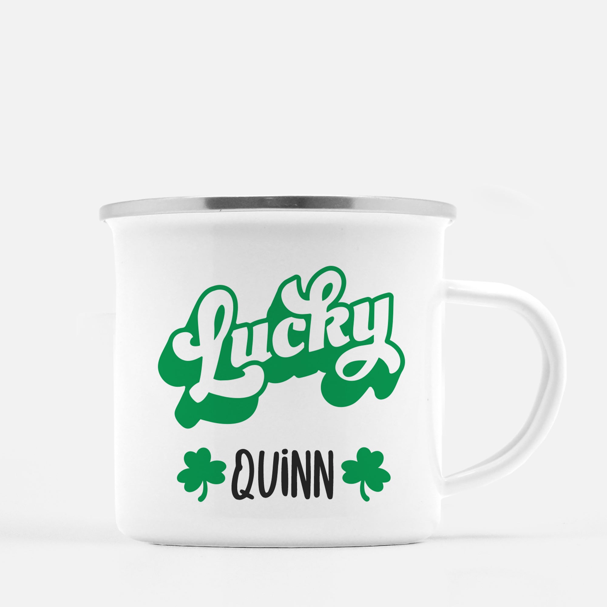 Lucky! Personalized Happy St. Patrick's Day12 oz metal camp mug.  Silver lip, white enamel, dishwasher safe, design printed on both sides.  unbreakable Pipsy.com