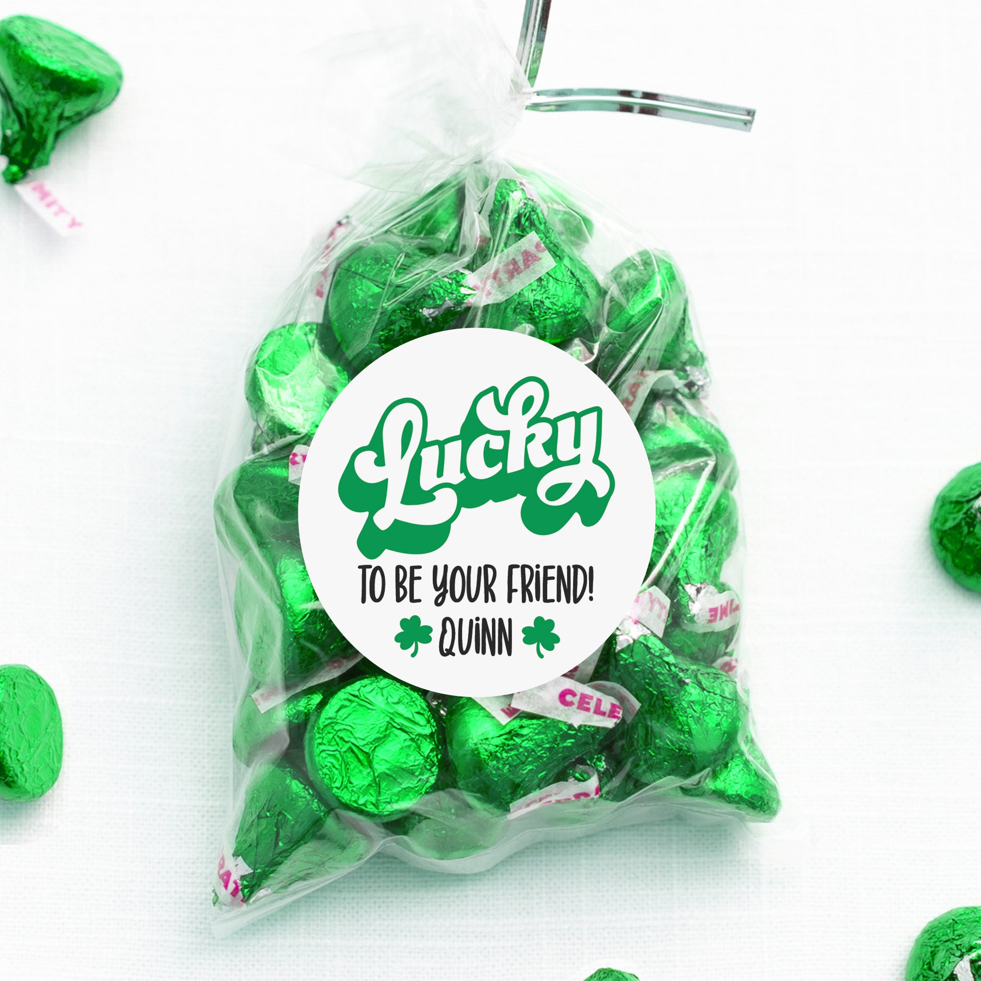 Lucky to be your friend! Personalized Happy St. Patrick's Day class treat bag sticker, round matte stickers, 2.5", Pipsy.com