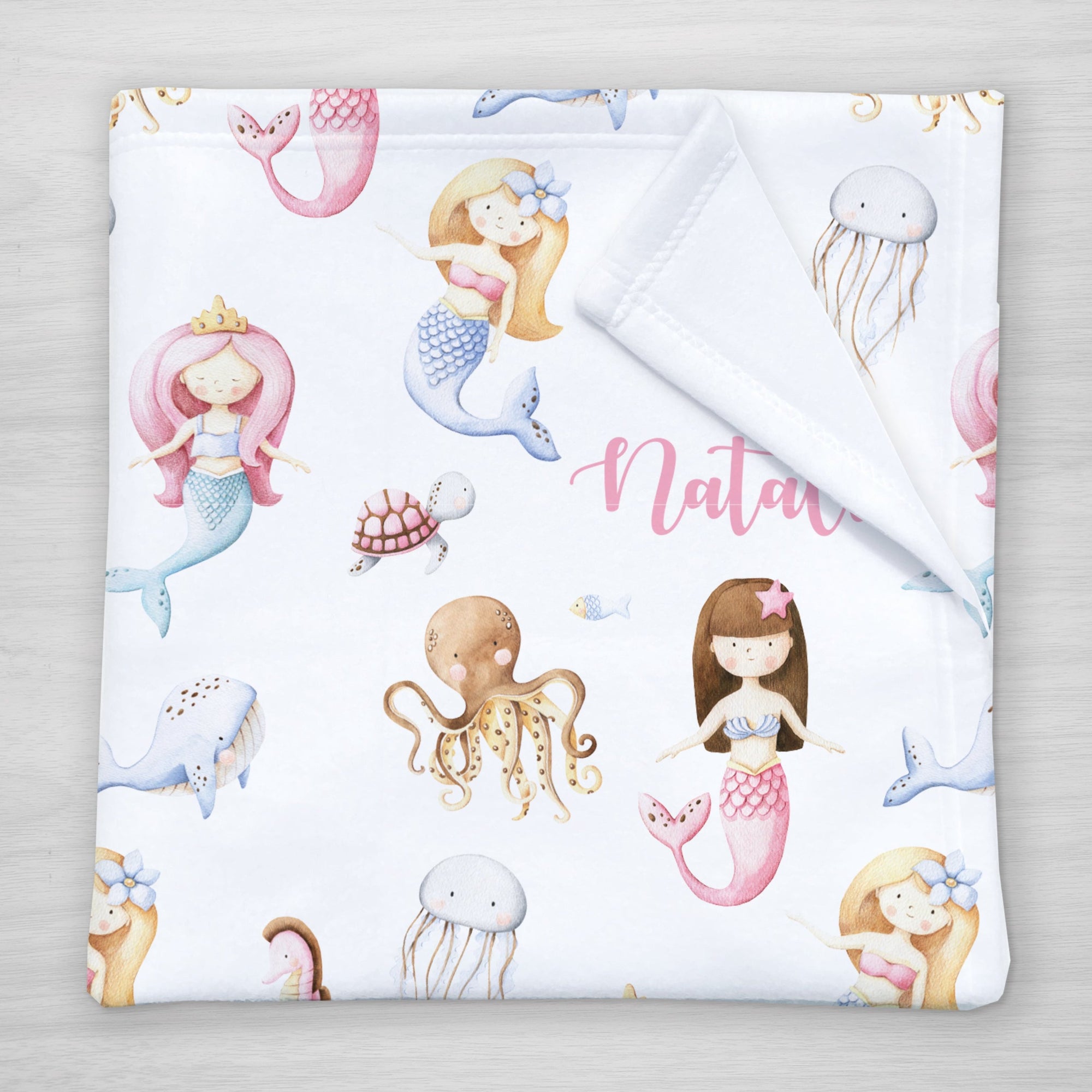 Mermaid personalized blanket with under the sea creatures and your baby's name. Makes a great gift for toddlers, too!