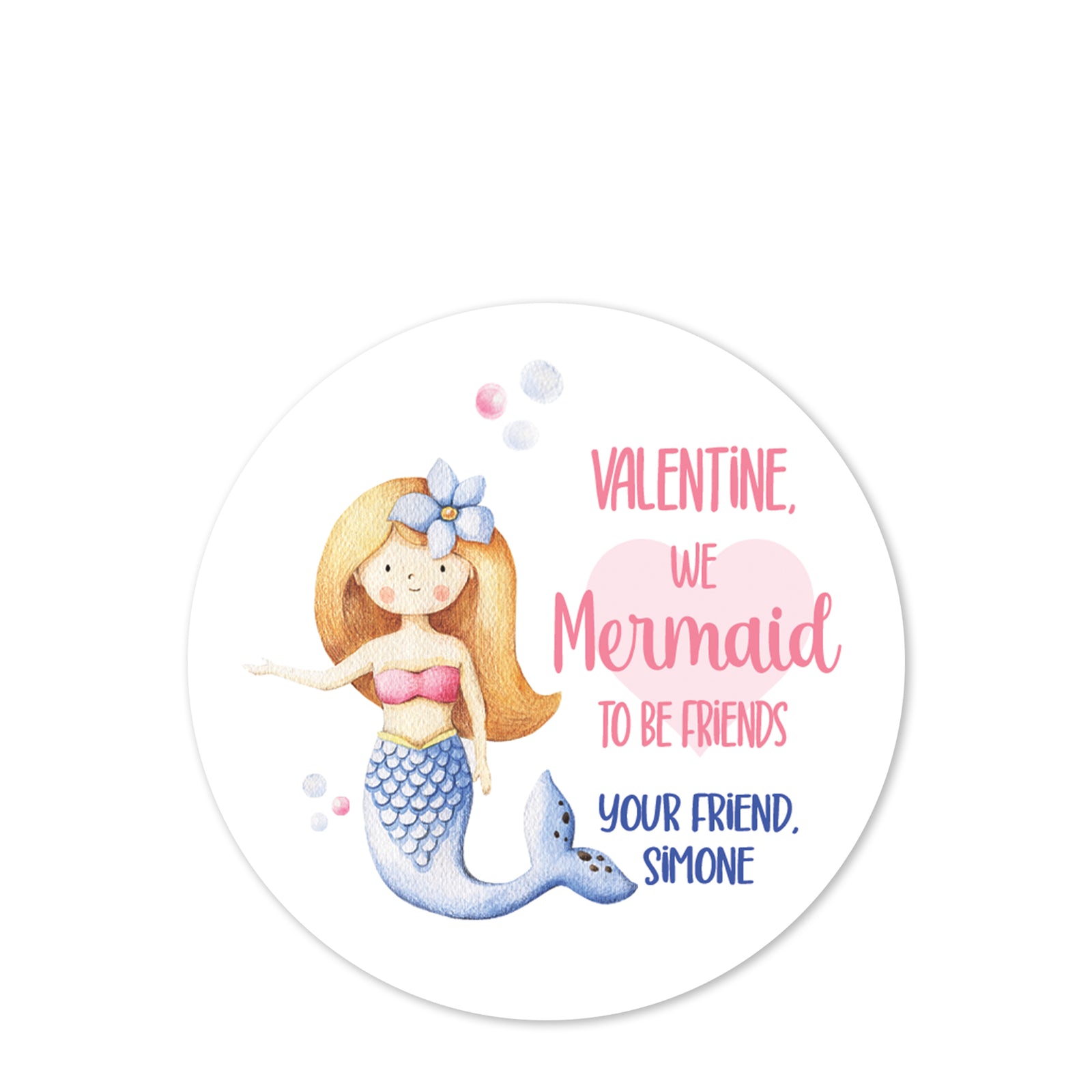Personalized Valentine's Day stickers - We were mermaid to be friends - round 2.5" stickers - Matte finish