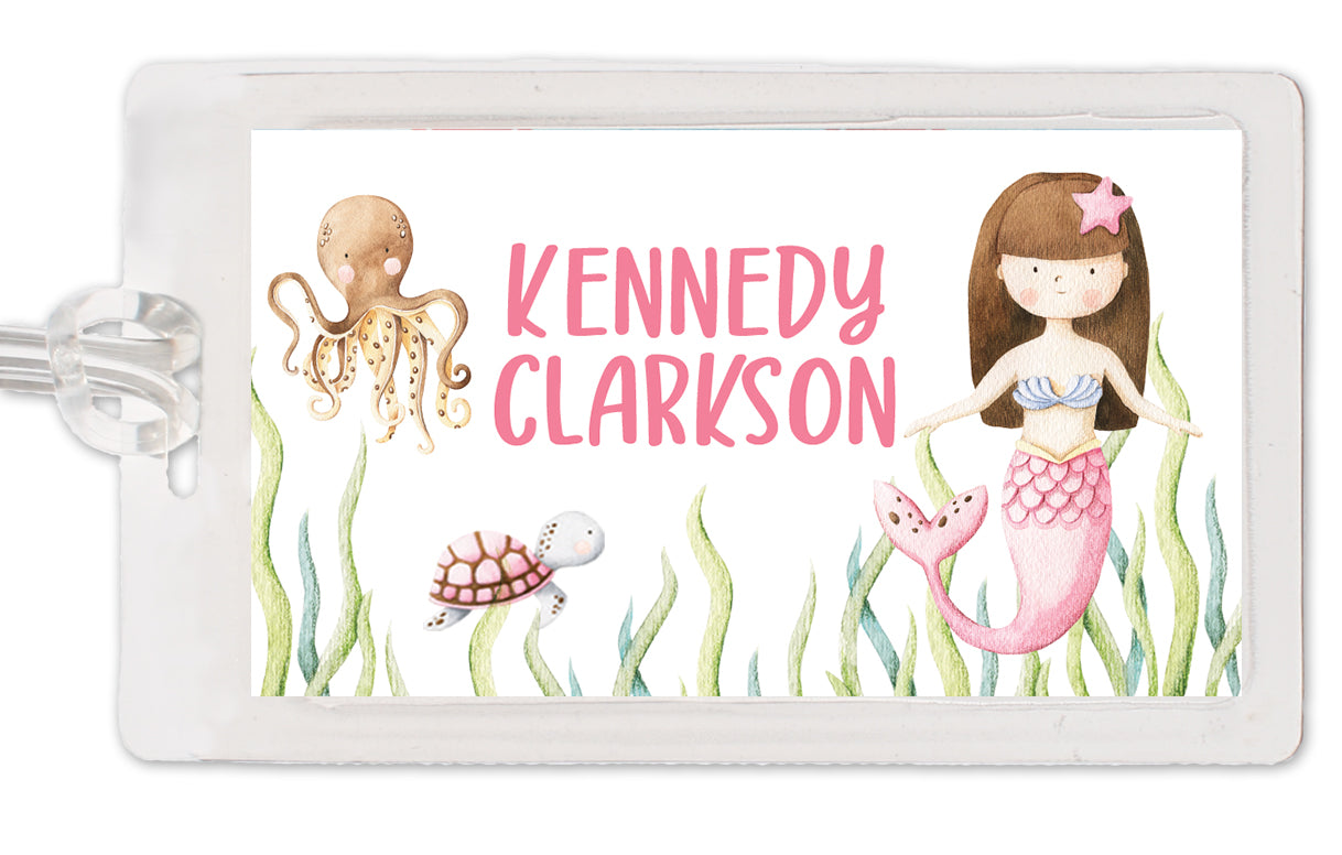 Mermaid Bag Tag, Laminated and two sided, featuring a mermaid  with brunette hair and her friends the octopus and sea turtle