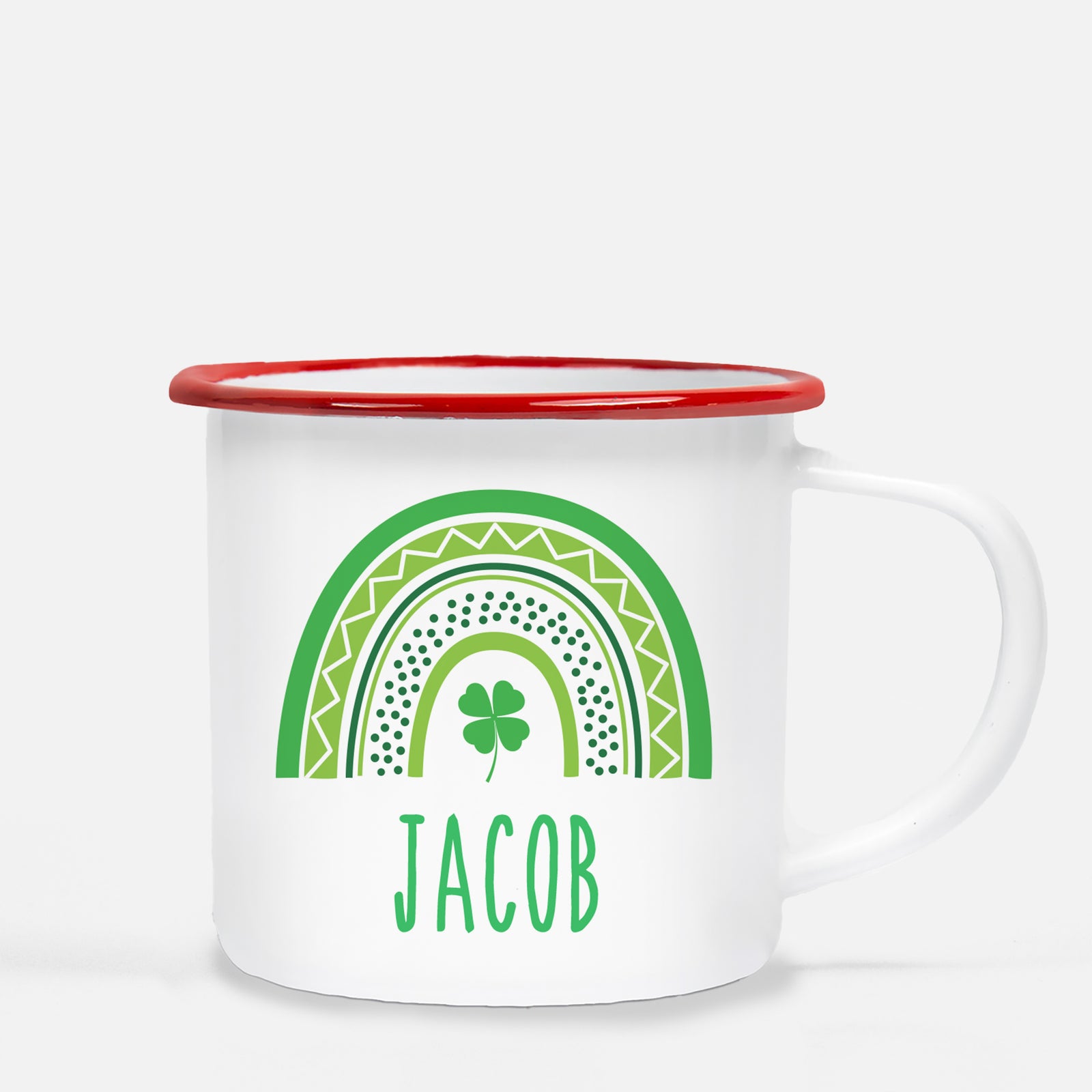 Modern Green Rainbow Personalized Happy St. Patrick's Day12 oz metal camp mug.  Silver lip, white enamel, dishwasher safe, design printed on both sides.  unbreakable Pipsy.com