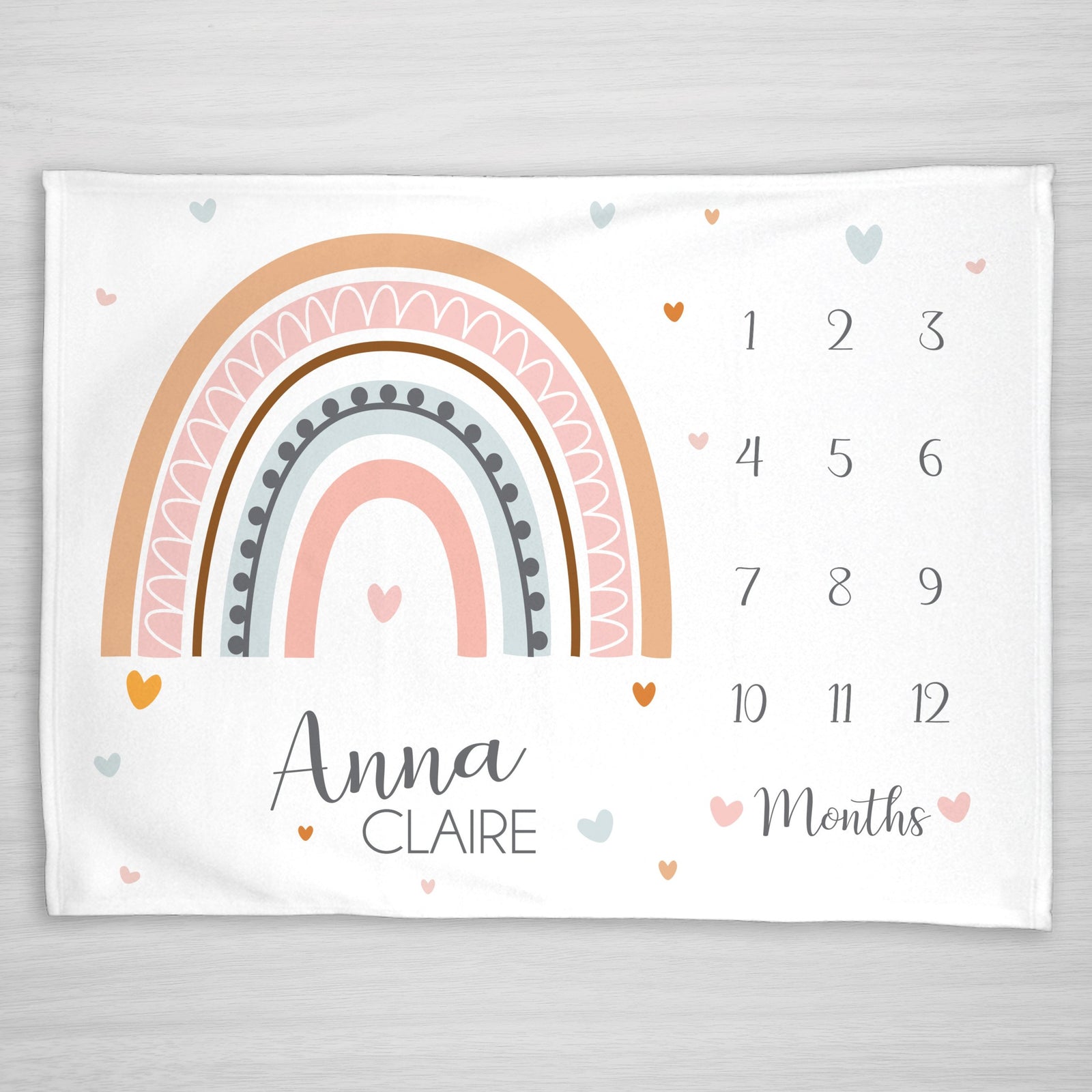 Modern Rainbow in boho colors Milestone Baby Blanket, Personalized with hearts