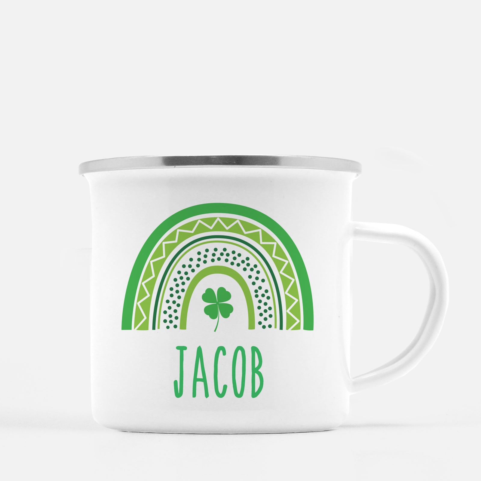 Modern Green Rainbow Personalized Happy St. Patrick's Day12 oz metal camp mug.  Silver lip, white enamel, dishwasher safe, design printed on both sides.  unbreakable Pipsy.com