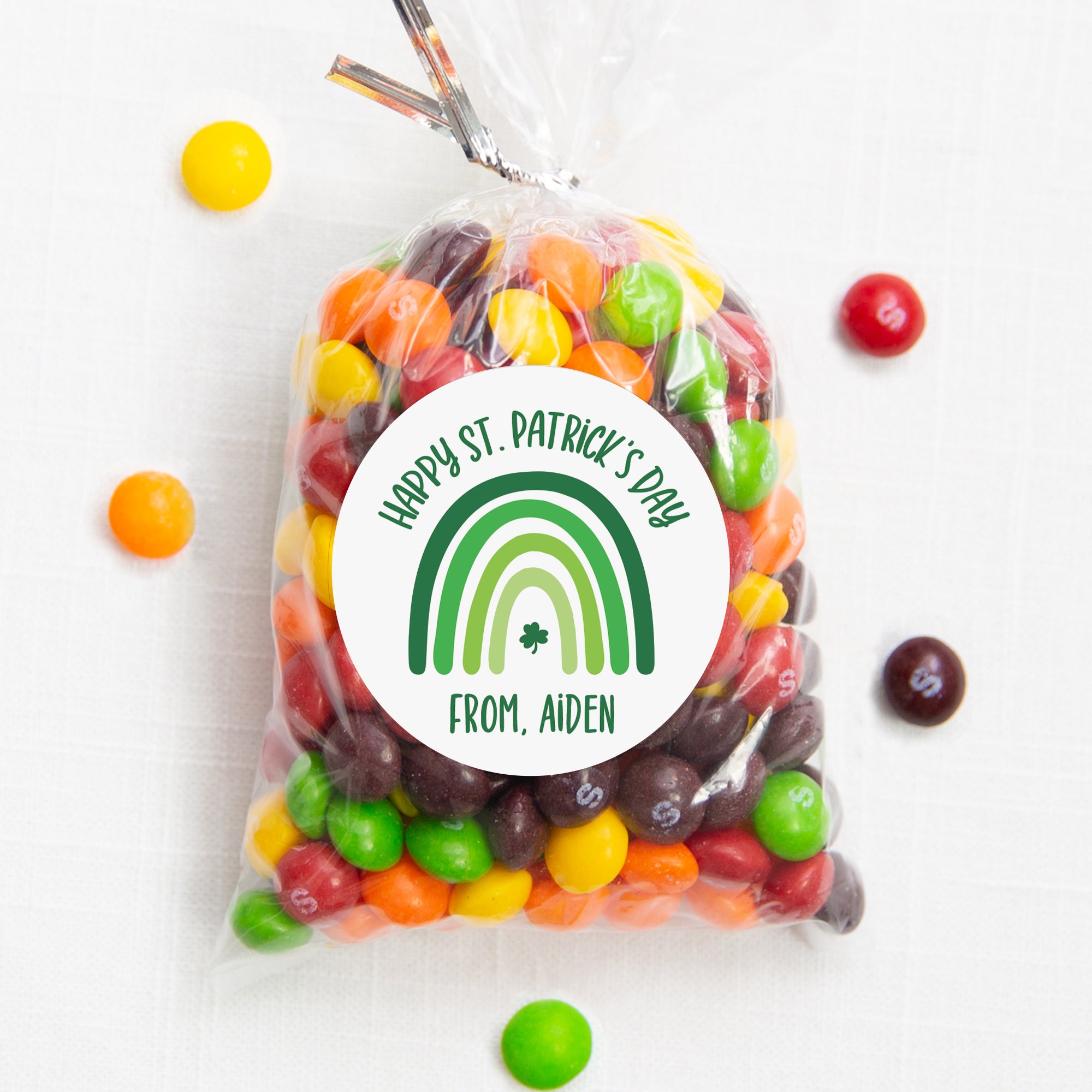 Simple green Rainbow Personalized Happy St. Patrick's Day class treat bag sticker, round matte stickers, 2.5", Pipsy.com