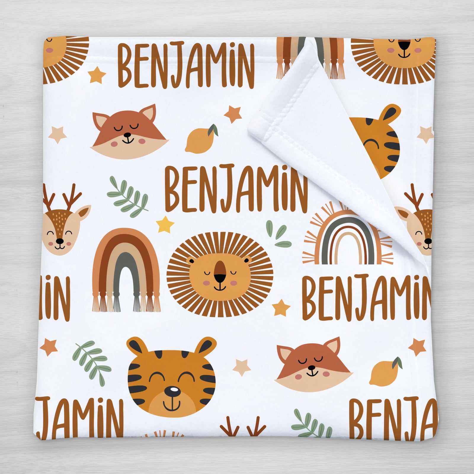 Neutral Rainbow Baby Name Blanket with lion and tiger