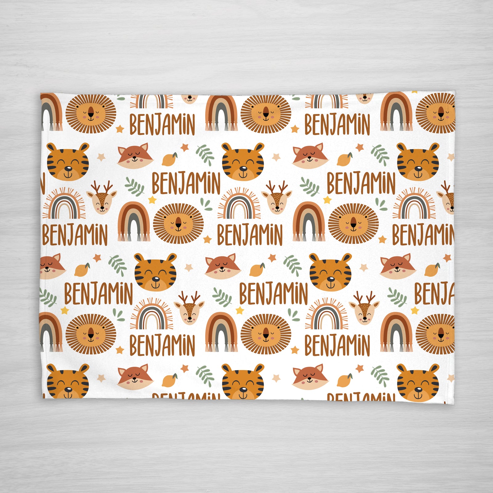 Neutral Rainbow Baby Name Blanket with lion and tiger