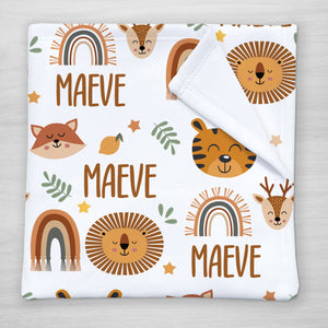 Modern Rainbow neutral baby personalized blanket, with a fox, tiger and deer