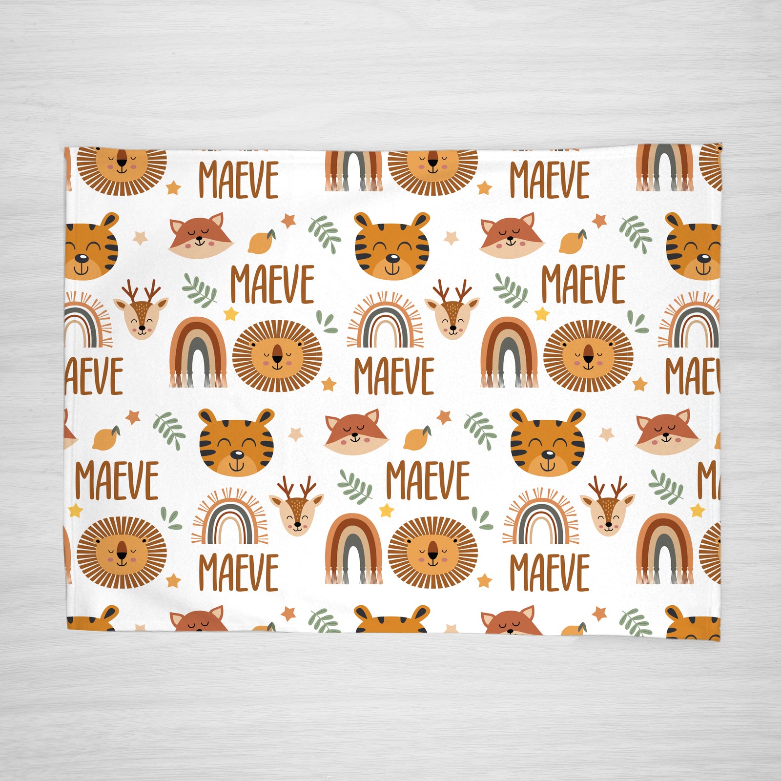 Modern Rainbow neutral baby personalized blanket, with a fox, tiger and deer