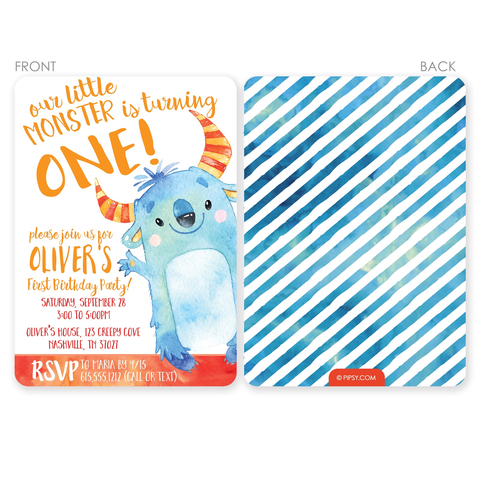 Monster Watercolor Birthday Invitation | Pipsy.com (main view)