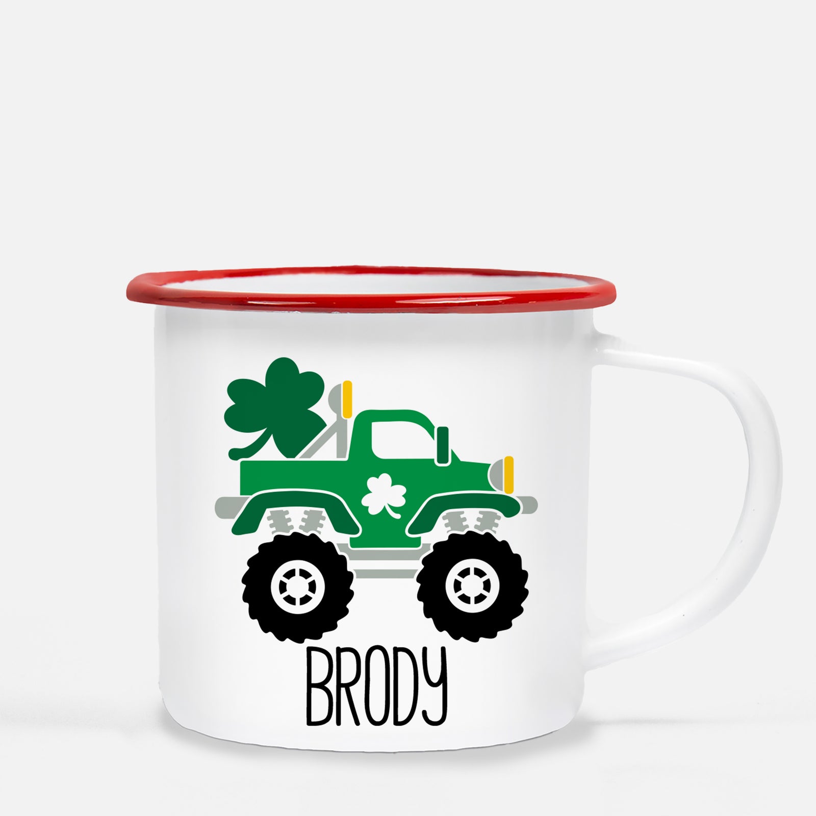 Monster Truck with Shamrock Personalized Happy St. Patrick's Day12 oz metal camp mug.  Silver lip, white enamel, dishwasher safe, design printed on both sides.  unbreakable Pipsy.com