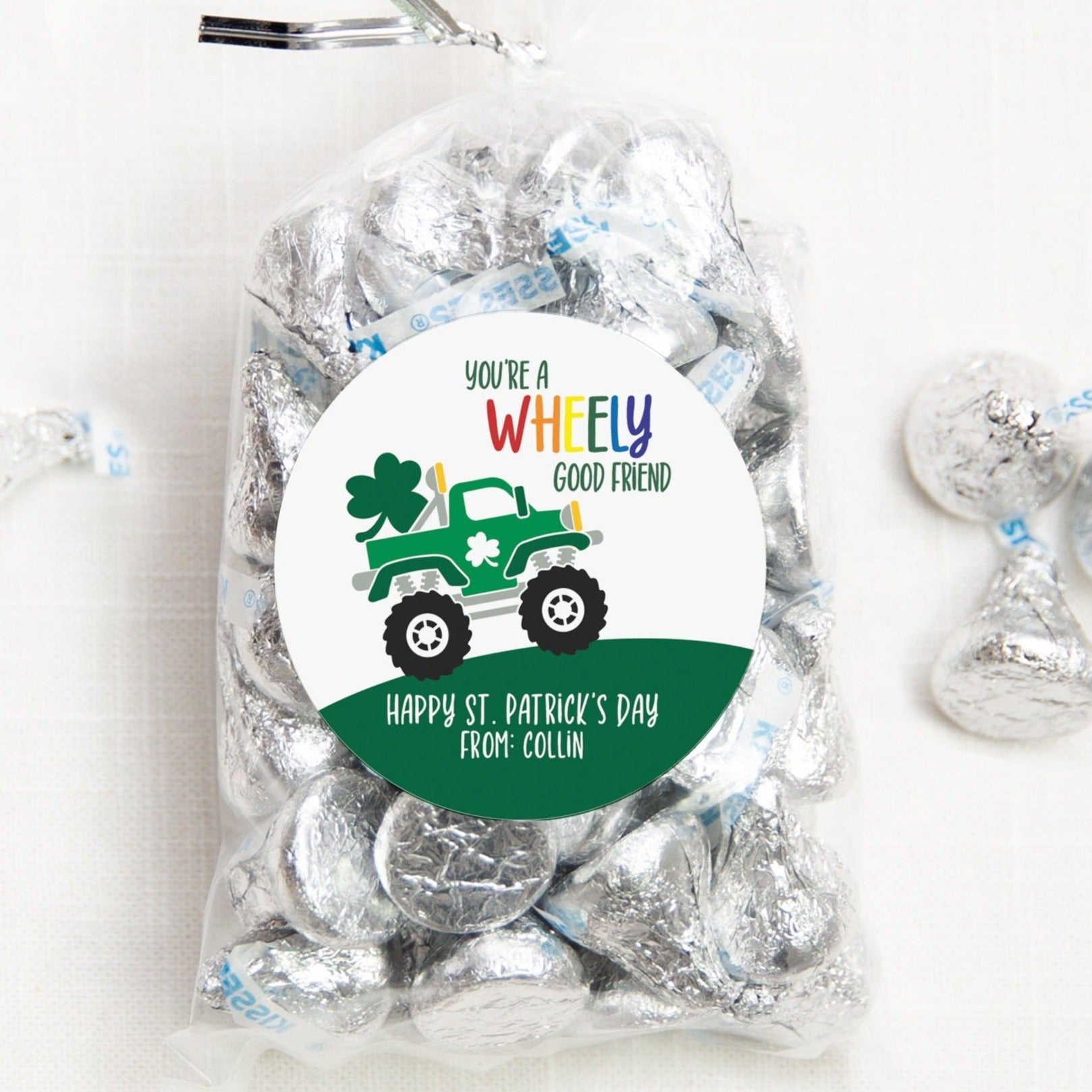 Monster Truck "you're a wheely good friend" Personalized Happy St. Patrick's Day class treat bag sticker, round matte stickers, 2.5", Pipsy.com