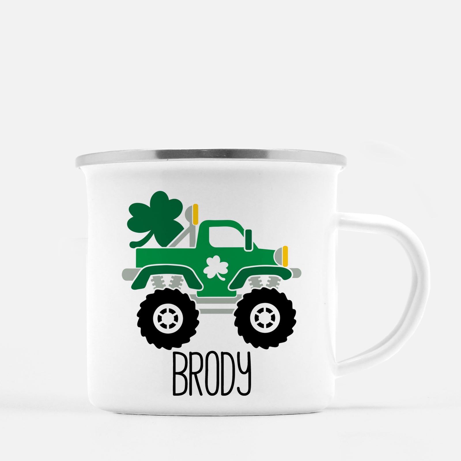 Monster Truck with Shamrock Personalized Happy St. Patrick's Day12 oz metal camp mug.  Silver lip, white enamel, dishwasher safe, design printed on both sides.  unbreakable Pipsy.com