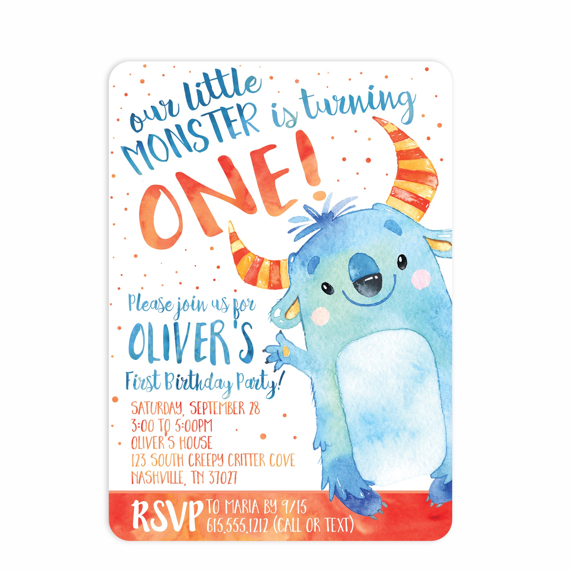 Monster Watercolor Birthday Invitation | Pipsy.com (front view)