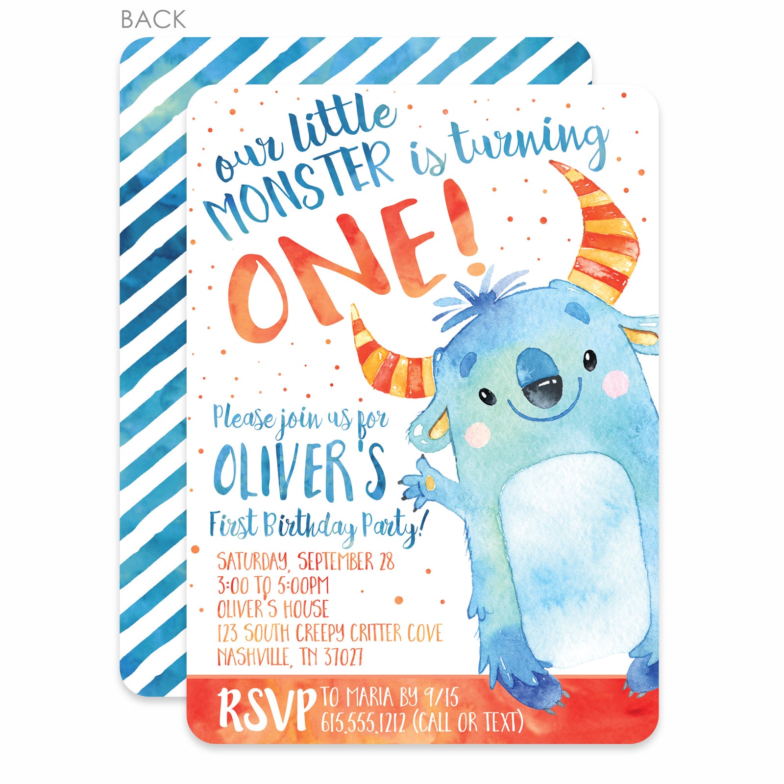 Monster Watercolor Birthday Invitation | Pipsy.com (main view)