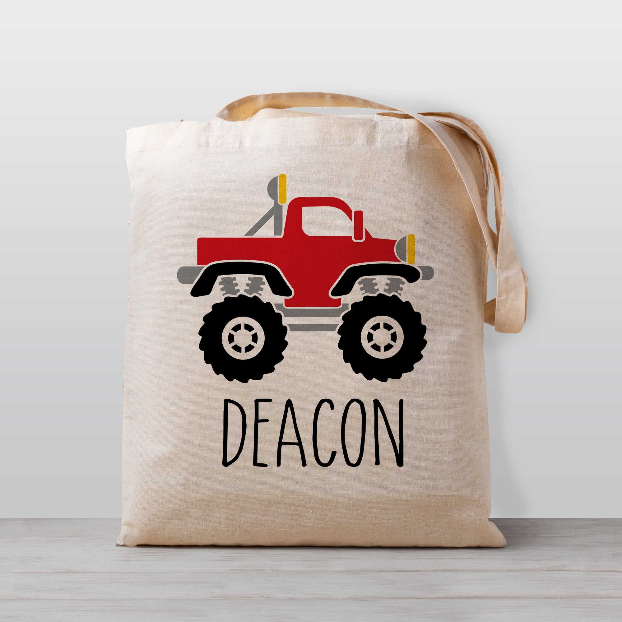Personalized monster truck tote bag, lightweight and easy for kids to carry, 100% natural cotton canvas