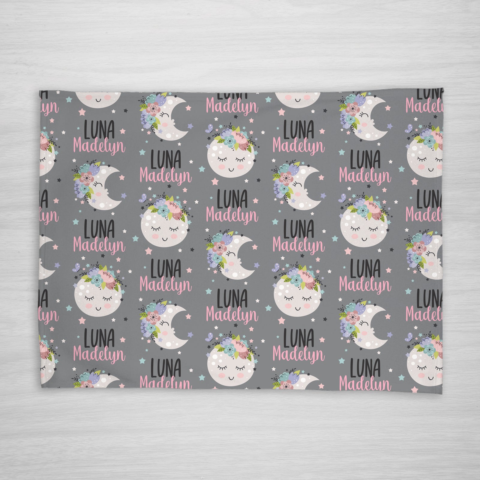 Sweet moon faces with flowers and stars baby name blanket.   Swaddle | Fluffy Minky | Pipsy.com