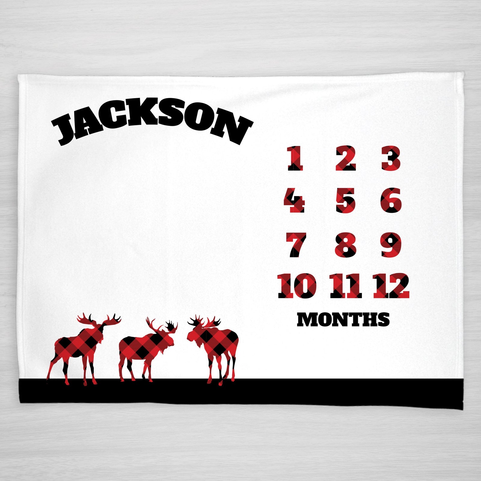 Buffalo Plaid Moose Milestone Blanket, personalized with baby's name