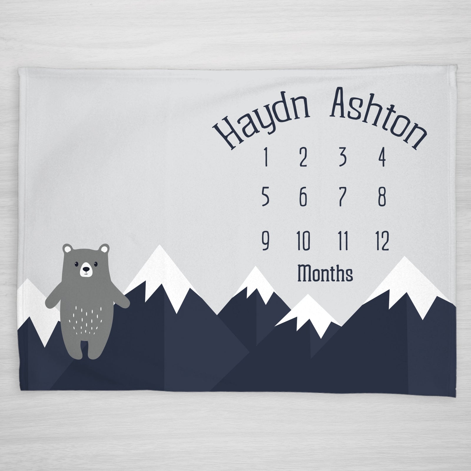 Mountains and Bear Milestone Blanket, Navy and Gray, Personalized with baby's name