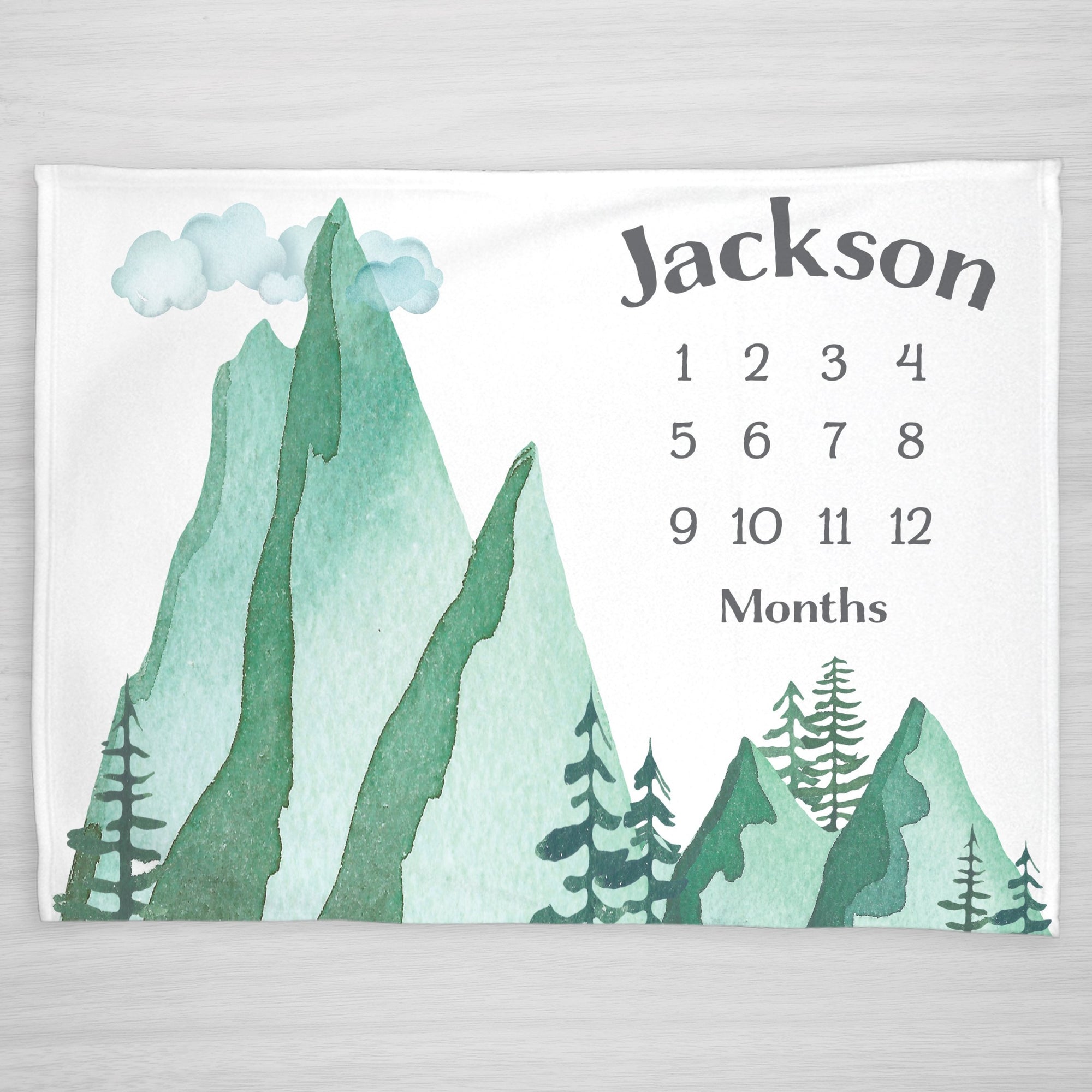 Watercolor mountain forest milestone blanket. Personalized with the baby's name