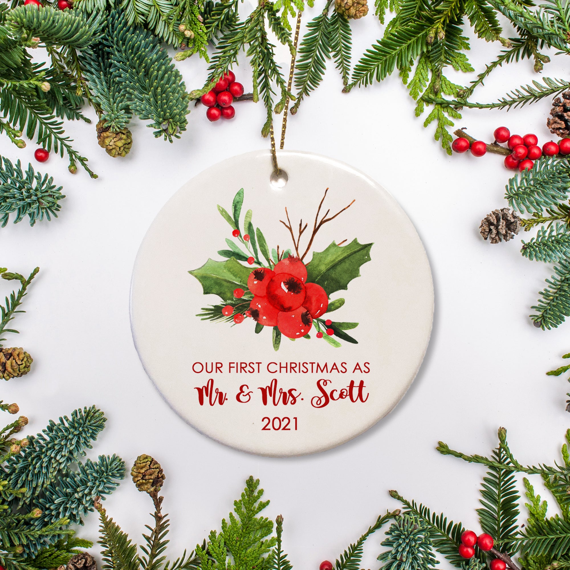 Personalized Wedding Christmas Ornament Berries and Holly | Pipsy.com 