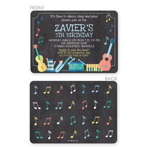Musical Instruments Birthday Party Invitation, featuring a  violin, guitar, drums and saxophone, printed on thick cardstock with 2 sided printing