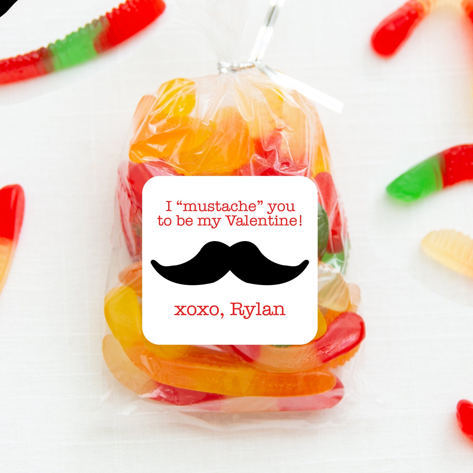 I "mustache" you to be mine | Square stickers | 2.5" Square Valentine's Day Sticker for candy bag | Classroom Party | Personalized stickers | PIPSY.COM