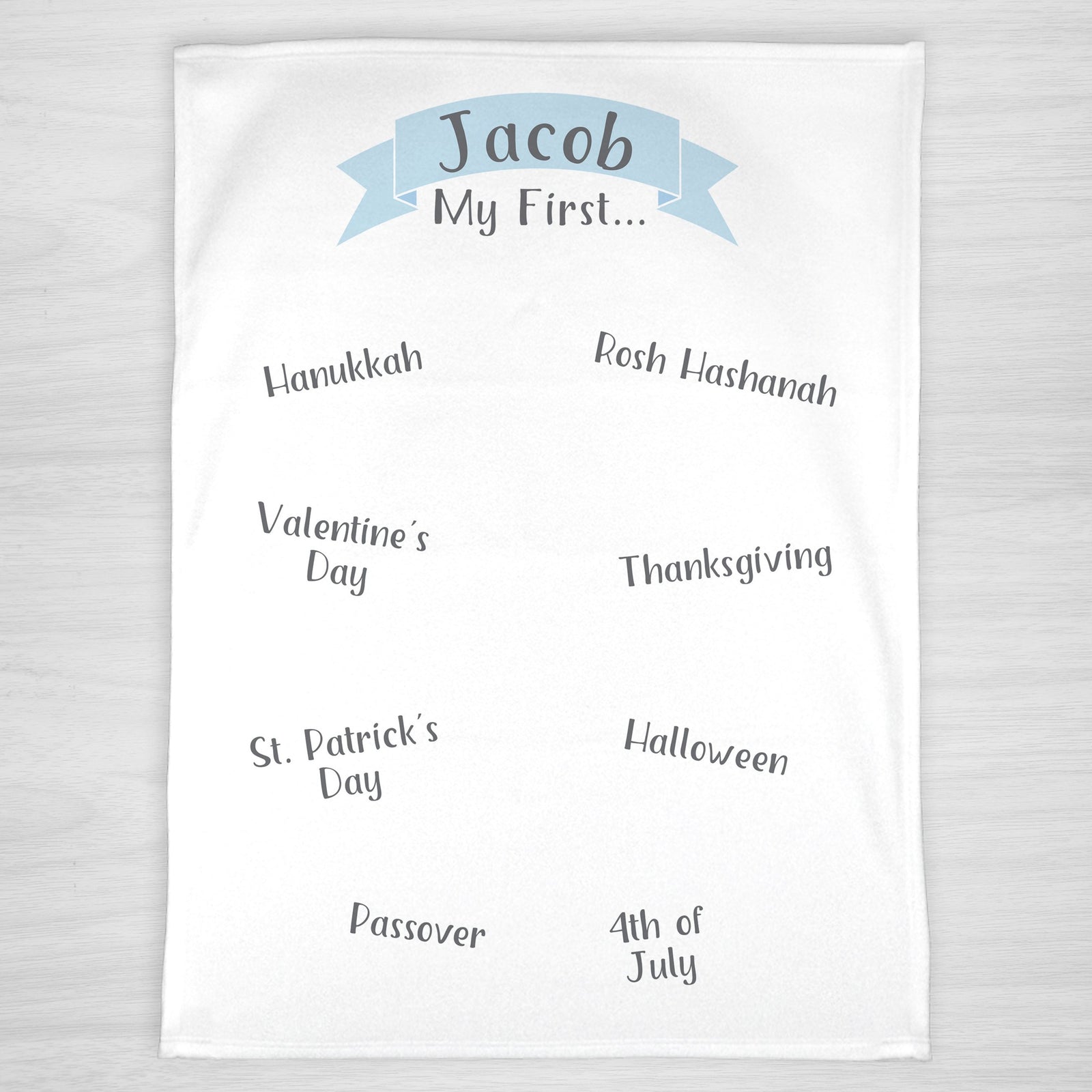 My First Milestone Blanket, Personalized in Blue featuring Jewish holidays