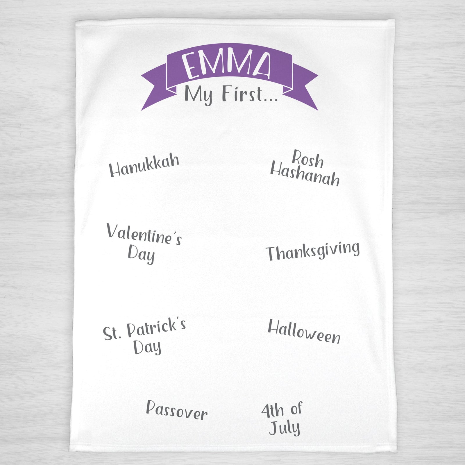 My First Milestone Blanket, Personalized, with US and Jewish holidays, pick any color