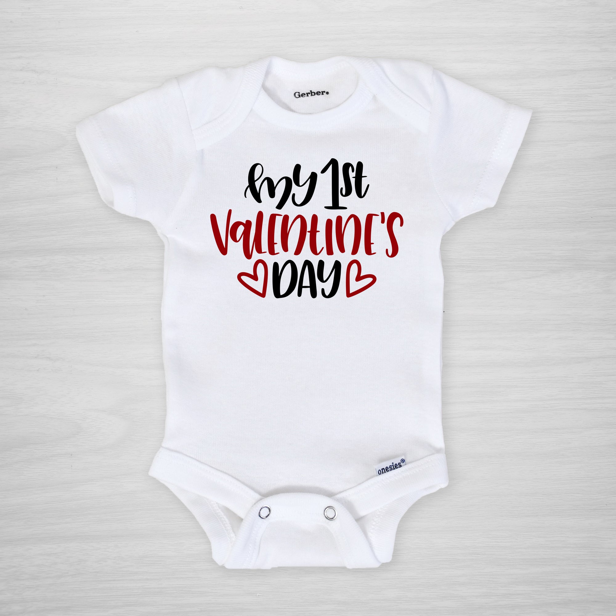 My First Valentine's Day Onesie in Black and Red, long sleeved