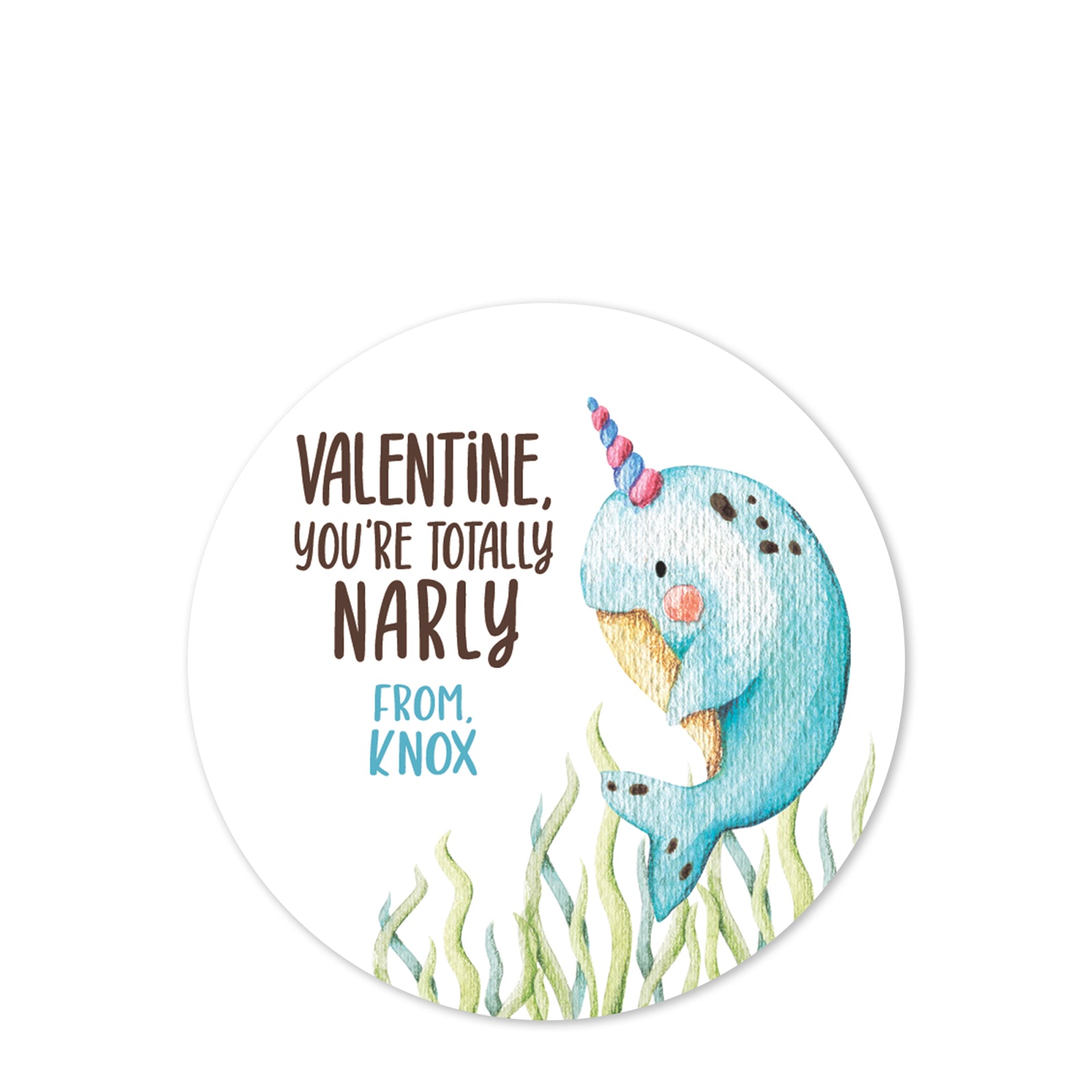 Personalized Valentine's Day stickers - Narwhal - you are totally narly - round 2.5" stickers - Matte finish