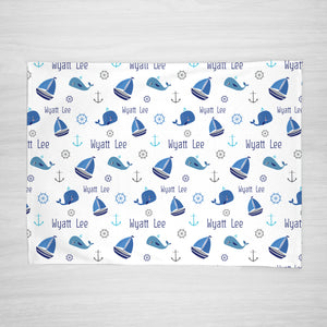 Personalized Under the Sea Nautical Blanket with boats, whales and anchors