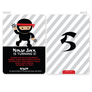Ninja Birthday Party Invitation from Pipsy.com, printed on thick cardstock with 2 sided printing. We can add a photo or text to the back at no extra charge. Includes envelopes