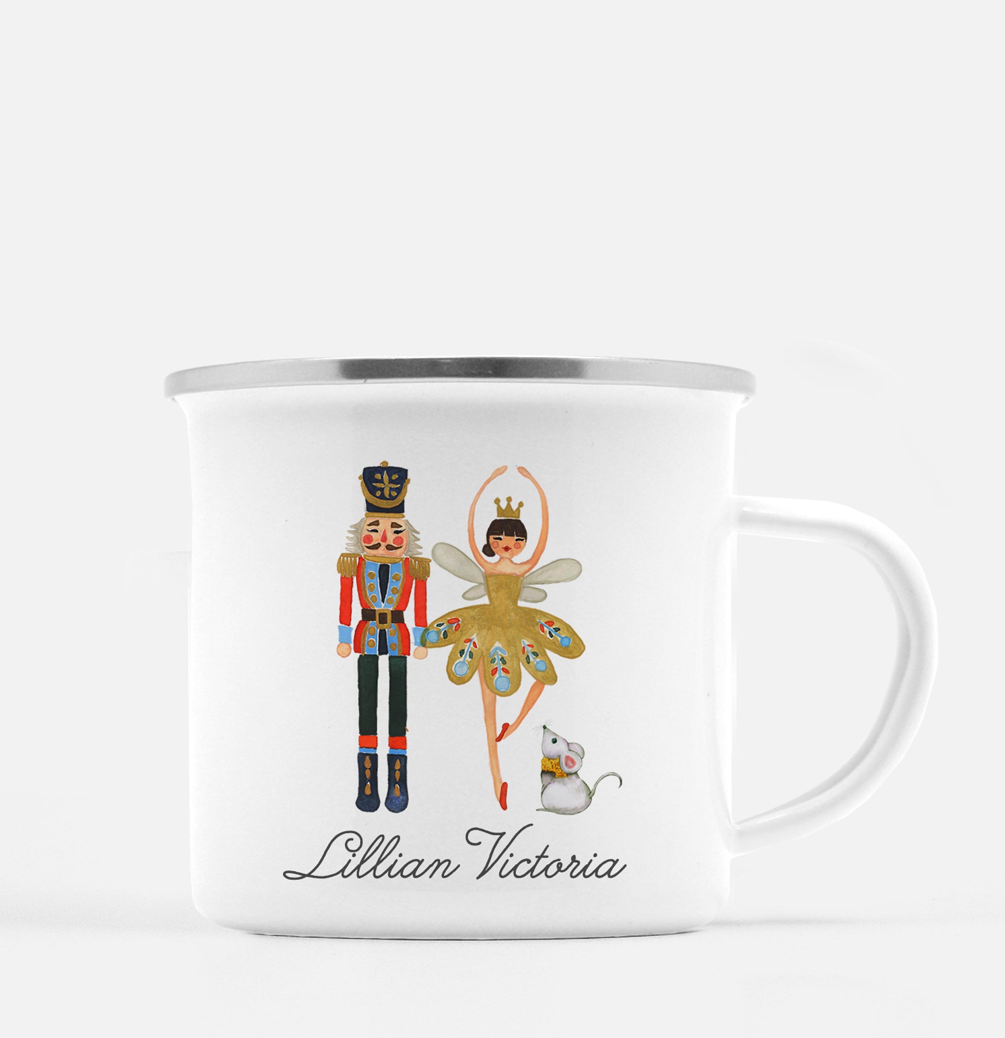 The Nutcracker along with ballerina and mouse in a beautiful watercolor design - on our 12oz white enamel with silver lip camp mug | PIPSY.COM