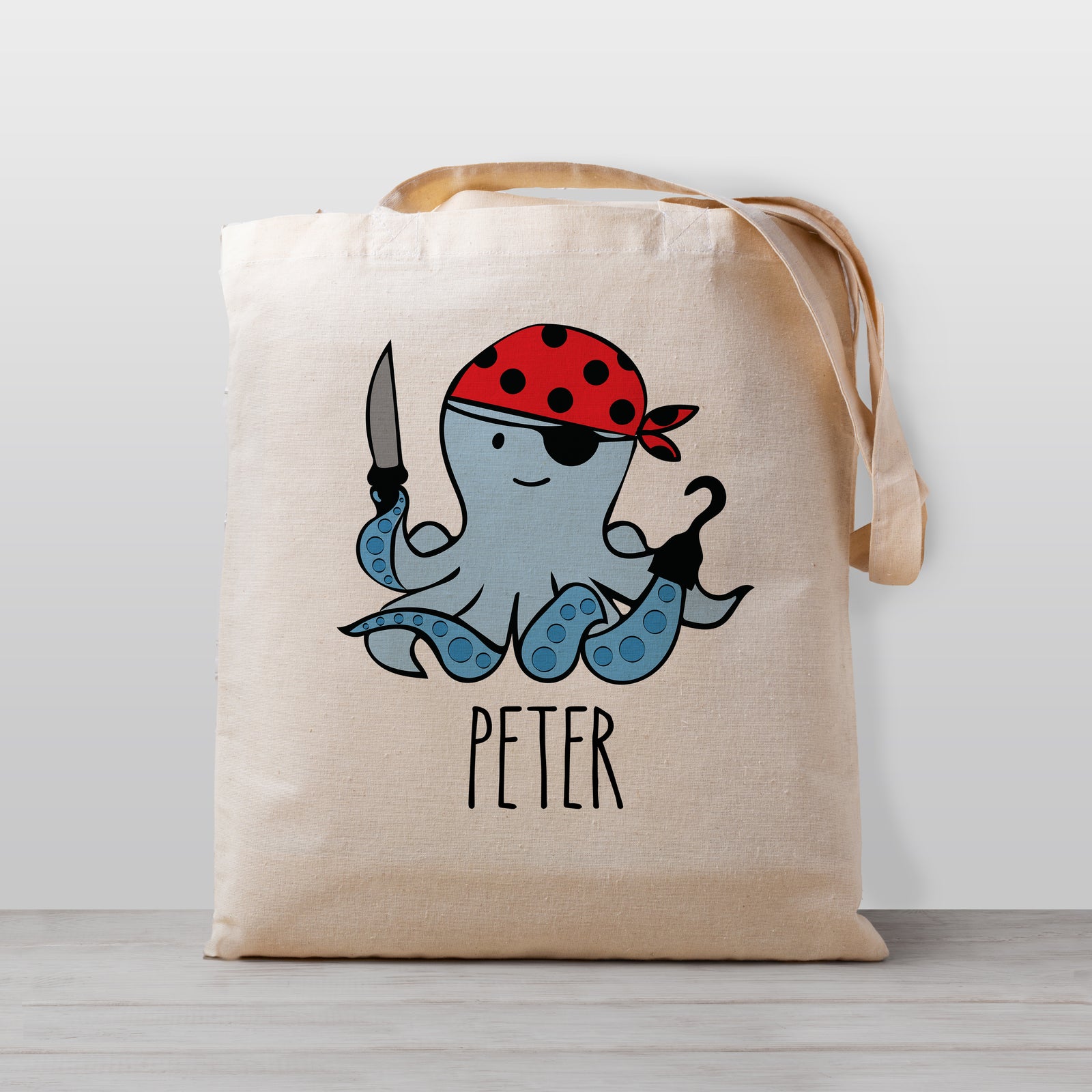 Pirate octopus tote bag, personalized with your child's name, 100% natural cotton canvas