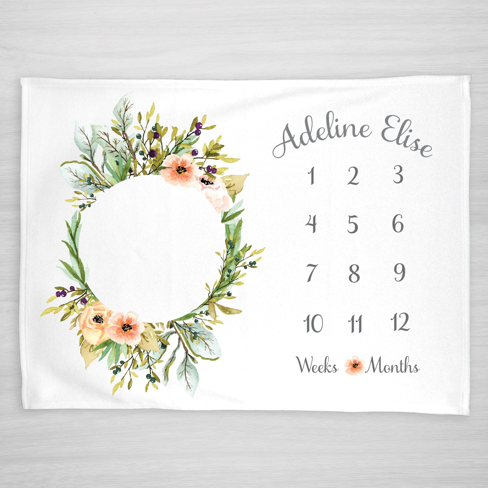 Olive Wreath Floral Milestone Blanket, Personalized with Baby's Name, Flower
