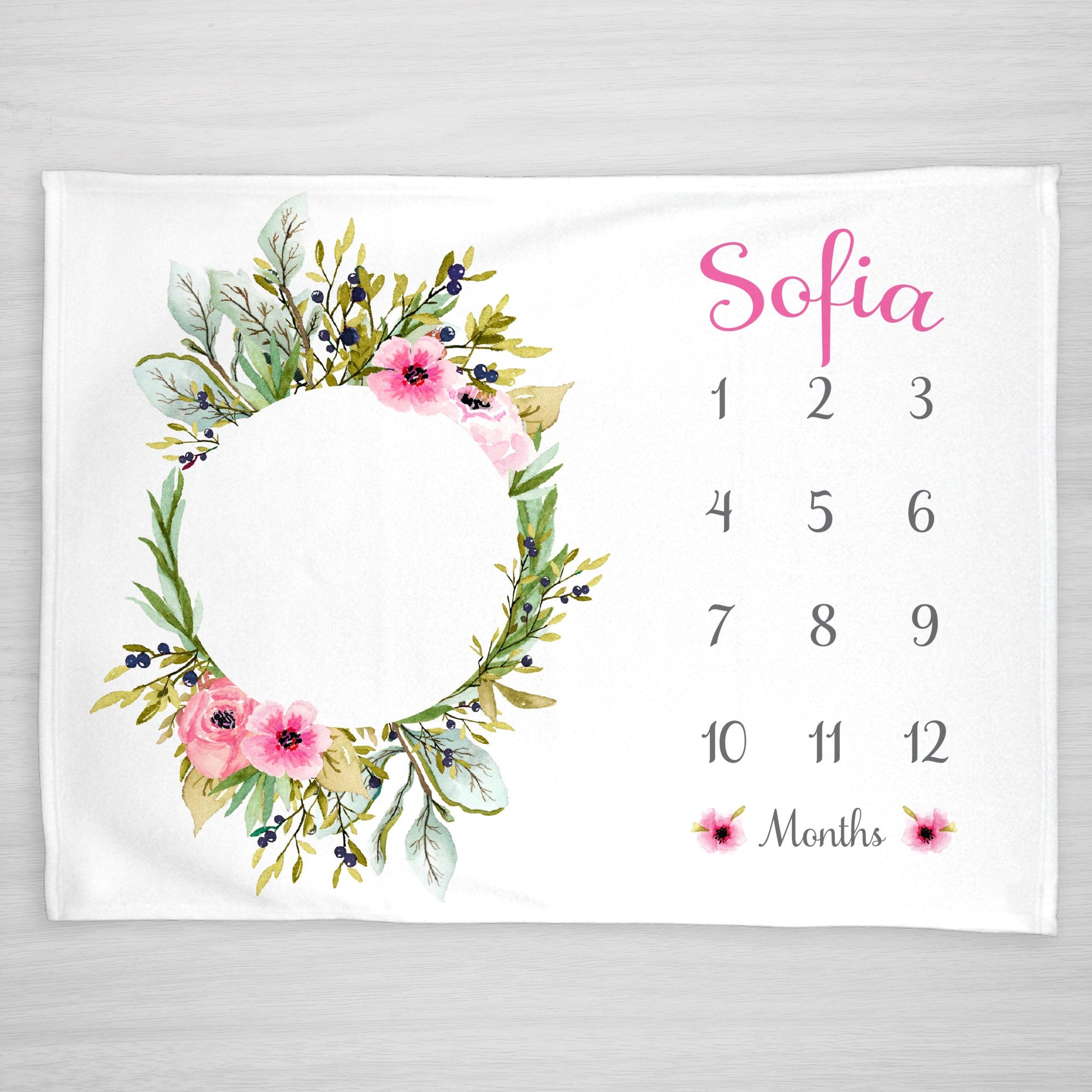 Olive Wreath Floral Milestone Baby Blanket, Pink flowers with gray text