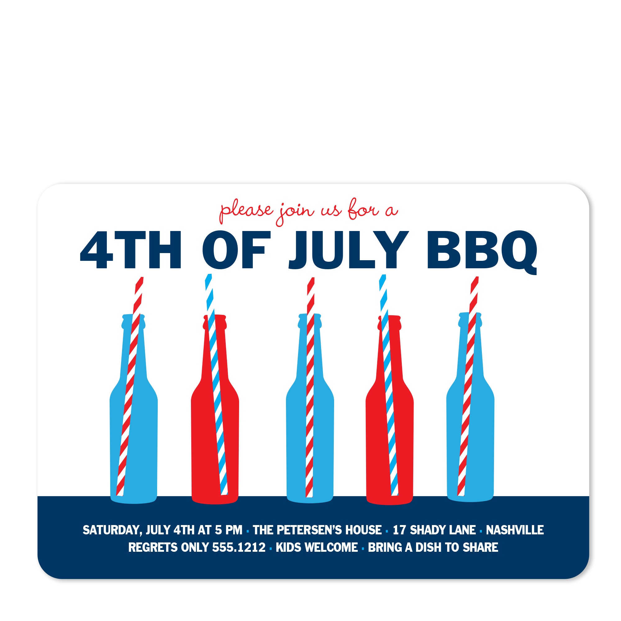 Bottles and Straws 4th of July Party Invitation, Independence Day, Printed on premium heavyweight cardstock, PIPSY.com, front