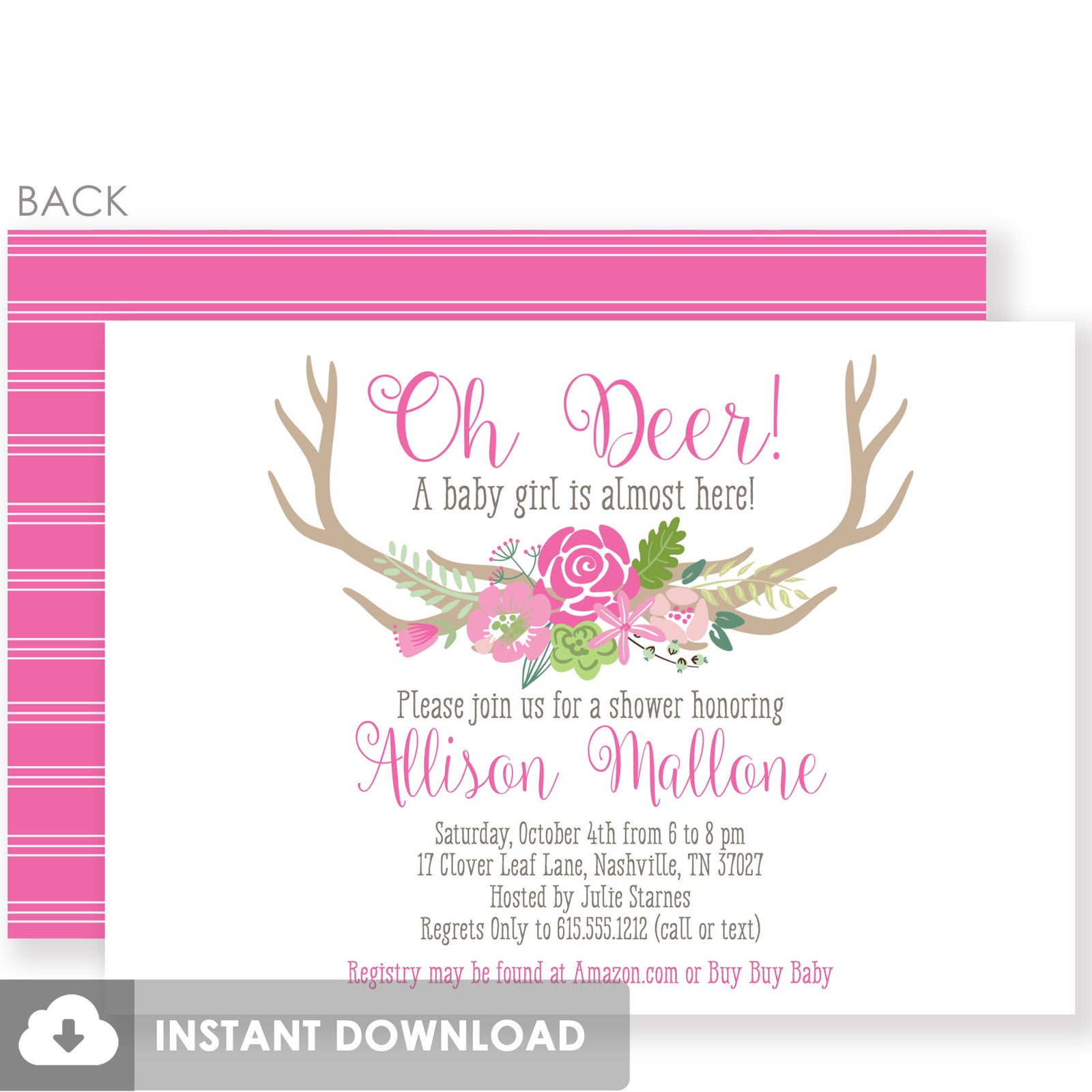 Oh Deer Pink Baby Shower Invitation | Templett Invitation | Fully Editable and Customizable | Instant Download | PIPSY.COM