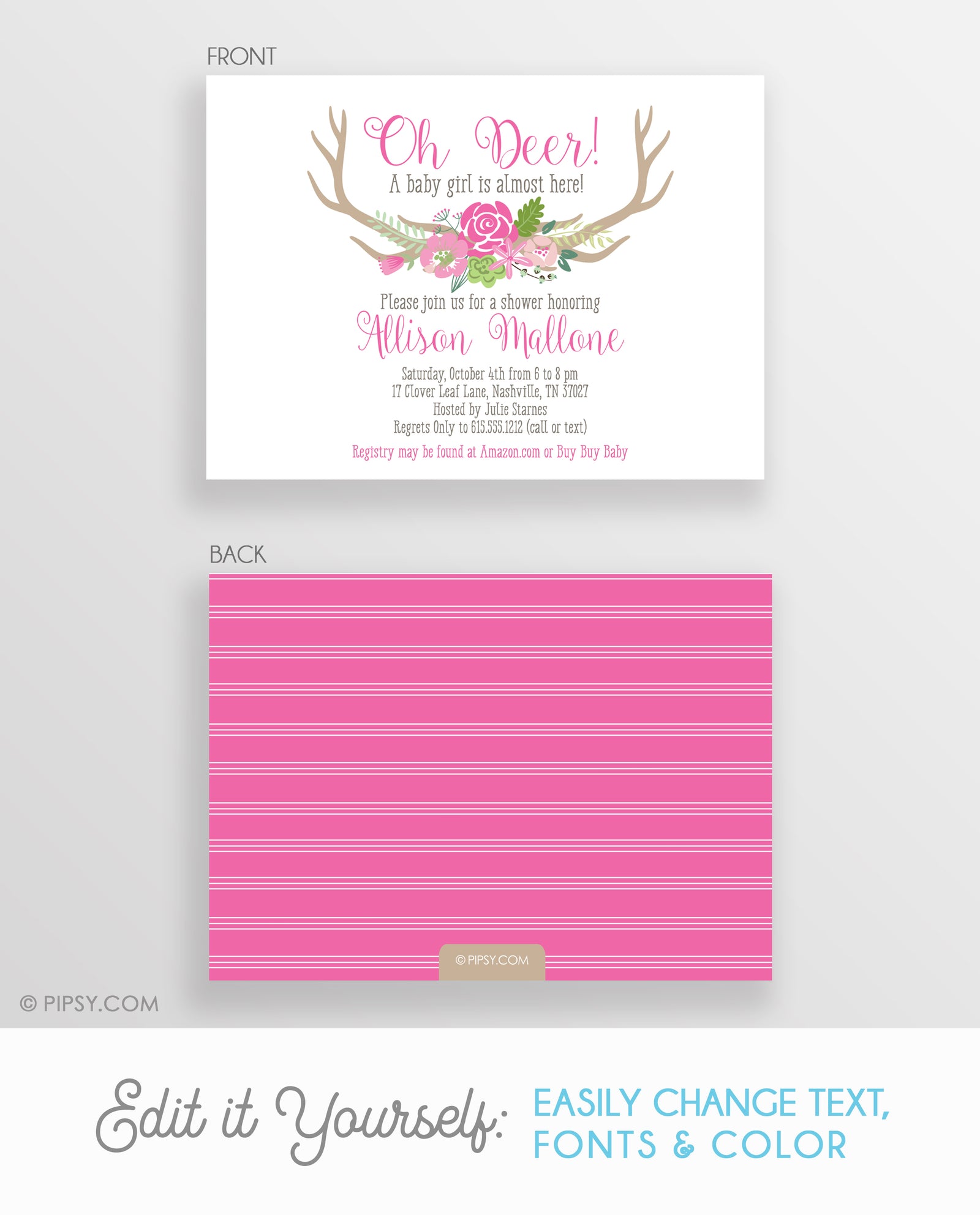 Oh Deer Pink Baby Shower Invitation | Templett Invitation | Fully Editable and Customizable | Instant Download | PIPSY.COM